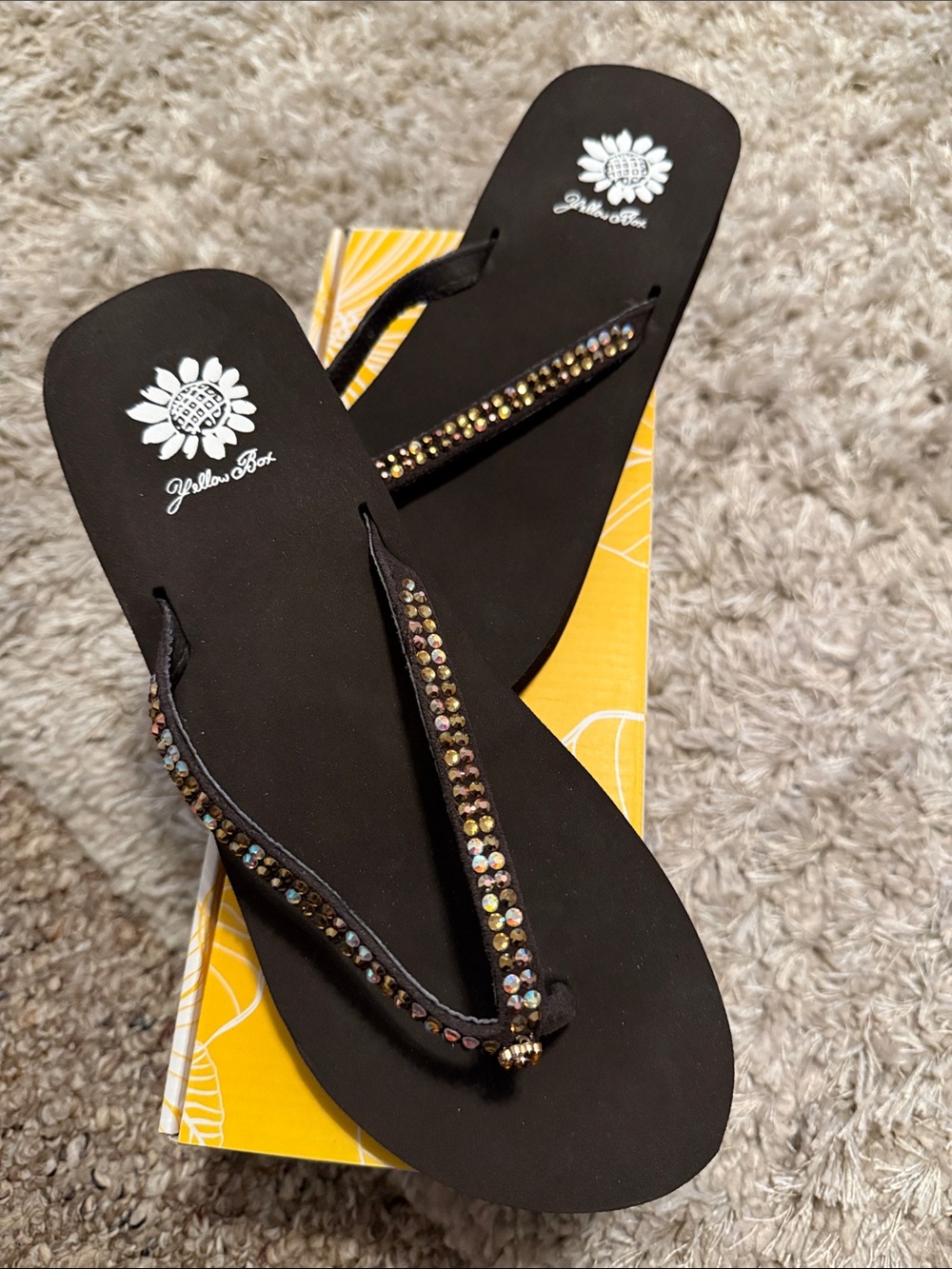 Yellow Box Black Flip Flops with Multicolor Rhinestone Straps